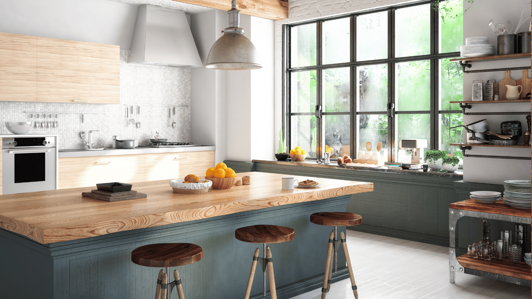 Spacious farmhouse-style kitchen with natural light, rustic wood accents, and a prep island used for culinary classes at Farmhouse Academy near Plainfield, Lemont, and Joliet, IL